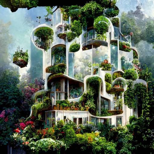 echos of a world full of beauty and wonder , hanging gardens , sustainable living surrounded by nature, high detail , lots of contast , dream life