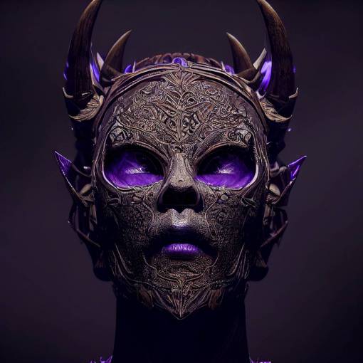 elven goddess, wooden skull mask with glowing purple eyes, intricate wooden armor, intricate curled horns, amethyst gems, glowing tattoos, intricate armor inlays, intricate crown, blue skin, glowing tattoos, 4k, 8k, nature, woad, 4k, 8k, fantasy, unreal engine, octane render