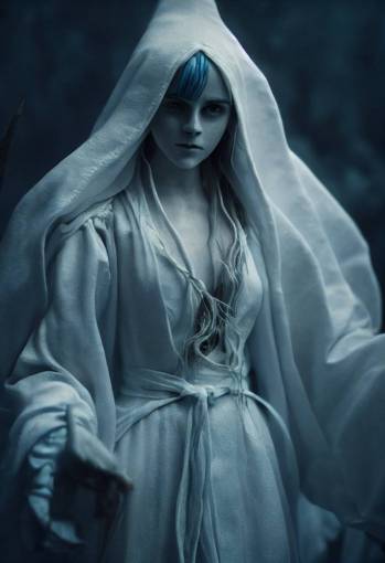 Emma Watson as Ranni the Witch from Elden Ring, blue hair, white hooded witch robe, 4 arms, doll joints, portrait, beautiful figure, character design , cinematic lighting, Photorealism, Bokeh blur, High detail, Sony Alpha ?7, ISO1900, octane render