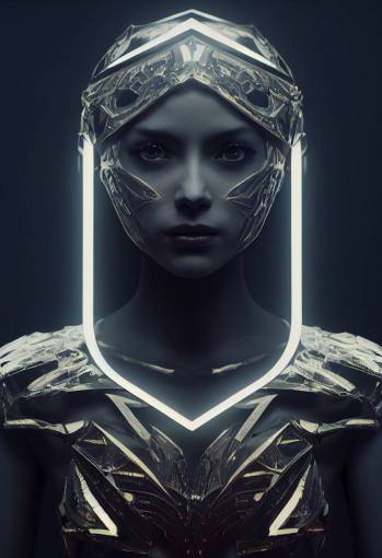 epic 3d photorealistic portrait, a young beautiful woman Goddess wearing Echo of Time Mask armor halo, Futuristic cyberpunk skeletal armor made from glowing geometric lines, glowing triangles armor, aura, prism, crystals, intricate details, symmetrical, epic 3d,