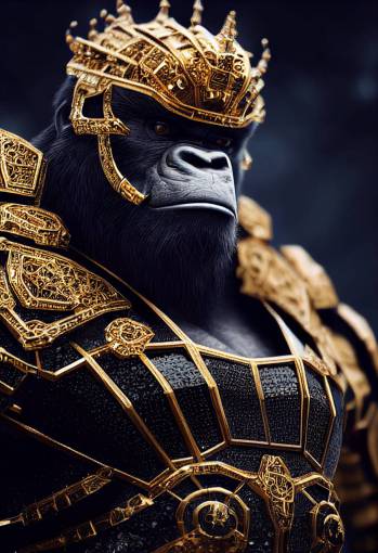 epic 3d portrait of white King Kong wearing mech armor made of black crystals, golden ornate around the armor, symmetrical body, hyperrealistic, intricate details, shiny, cinematic, unreal engine, artstation, octane render,
