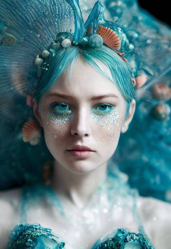 Epic close-up portrait of water fairy, translucent watery sheen + blue + turquoise + green face, eyes made of coral, diaphanous sheer dress, seaweed strands, shells, baroque, rococo, highly detailed water droplets, glitter, Intricate Maximalism, finely detailed fabrics Fantastic Realism + Ethereal Fantasy + World of Warcraft Style, Unreal Engine 5 + Infini-D-Render, realistic CGI, SFX, VFX, TXAA, Digitally Enhanced, Super-Resolution, Cinematic lighting, Cover, 35mm