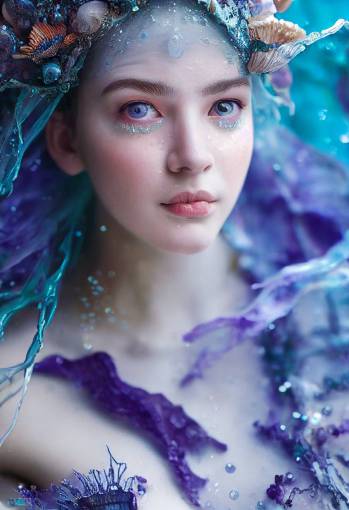 Epic close-up portrait of water fairy, translucent watery sheen + blue + purple + lavender face, eyes made of coral, diaphanous sheer dress, seaweed strands, shells, baroque, rococo, highly detailed water droplets, glitter, Intricate Maximalism, finely detailed fabrics Fantastic Realism + Ethereal Fantasy + World of Warcraft Style, Unreal Engine 5 + Infini-D-Render, realistic CGI, SFX, VFX, TXAA, Digitally Enhanced, Super-Resolution, Cinematic lighting, Cover, 35mm