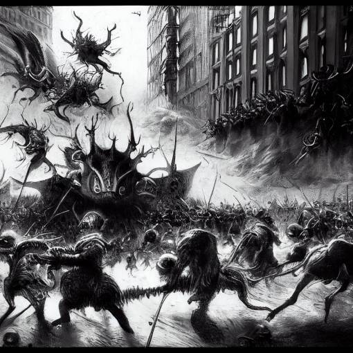 Epic crowded battle in graphite comic style with hyeronimus bosch creatures,