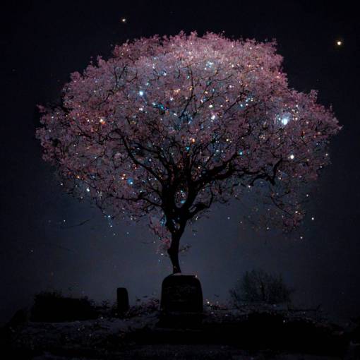ethereal cherry tree extending out of a grave at night, clear and starry night