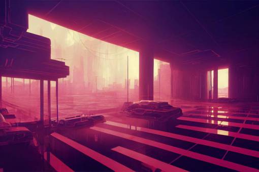 ethereal cyberpunk interior, retrowave, filled with smoke, sense of dread