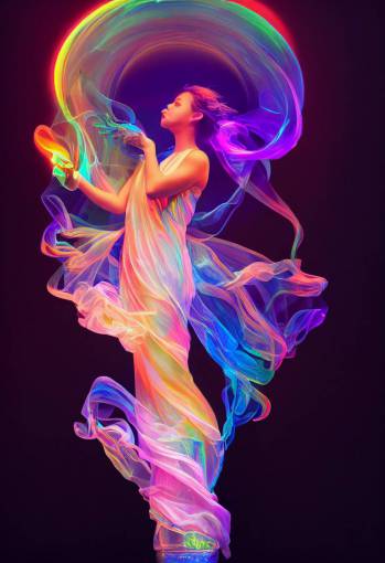 Ethereal Goddess of Music, colorful, vivid colors, echoing glowing iridescent light smoke flowing gracefully, ultra detailed, photographic, bright lighting,