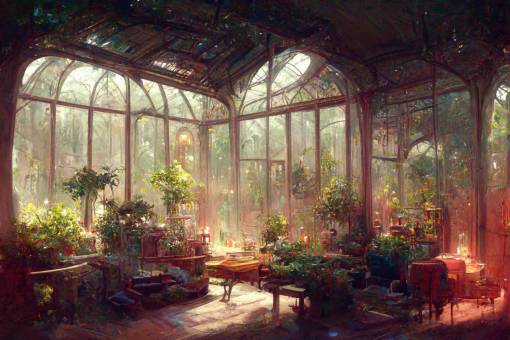 Ethereal magical conservatory, victorian sunroom, vintage greenhouse, concept art, trending on artstation