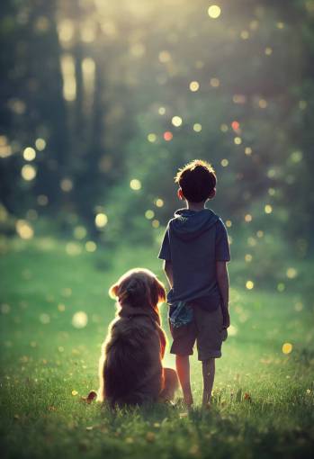 Ethereal portrait of a boy and his dog, best friends, beautifully lit, bokeh,