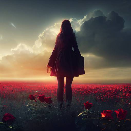 Evenki girl in the middle of a flower field, dark, depressive, dramatic cloud, red glowing roses, night, ultra detailed, ultra quality, ultra realistic, octane render, unreal engine