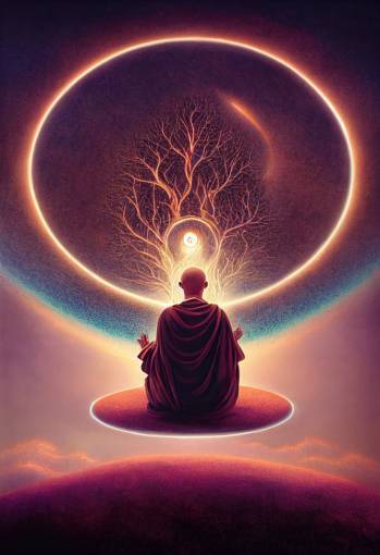Ever expanding astral projections of an awakened monk meditating on the edge of the earth, echoes of self flowing from his mind, style of Gediminas Pranckevicius, cinematic lighting
