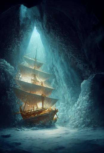 Explorer discovers treasure inside an ice cavern with a frozen galleon ship, in the style of Li Shuxing, inner illumination, cinematic lighting