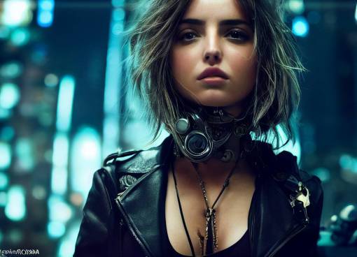 extreme Low-angle Photography, camera flash, intricate details, of Ana de Armas as a cyberpunk police, insanely detailed, clear skin, slim, epic wide Hyborea background, modern, intense backlighting, dramatic lighting, Award Winning photography, sharp focus