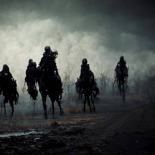 Faceless Dark riders on horses post apocalyptic photo realistic cinematic 8k octane render