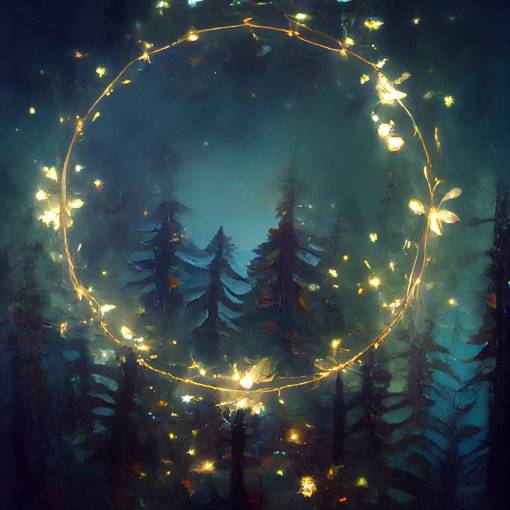 fae quilting circle under fairy lights, with sewing machines made out of holy wood and thread spun from stars, inside a forest grove, ethereal, mist, volumetric light
