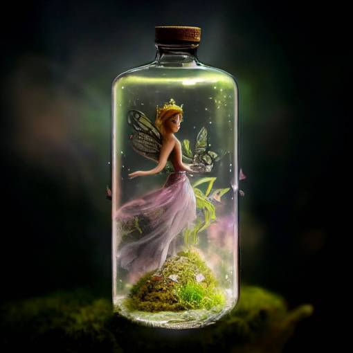 < fairy princess, 2 in a glass bottle, 1, fairy princess inside glass bottle, moss, glowing, radiant, illuminated, shimmering, stunning, enchanted, unique arcane, intricate, ornate, extremely detailed and hyperrealistic victorian fantasy environment, greenhouse, ethereal mist, magical glow, dragonflies and butterflies, dramatic cinematic lighting, highest-quality 3d render, octane, unreal engine 5, HD, 8k