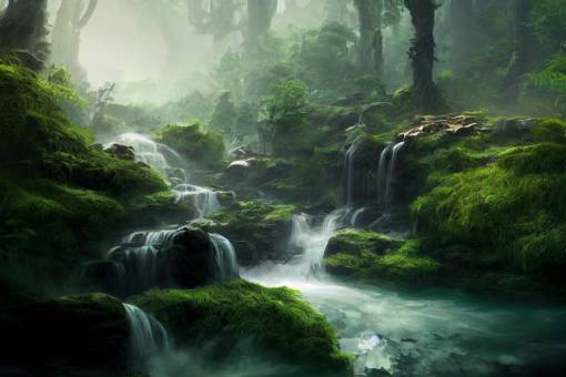 fantasy endless waterfalls surrounded by green forest, concept art, hyper realistic, unreal engine/8k, hyper detailed, Anti-Aliasing,