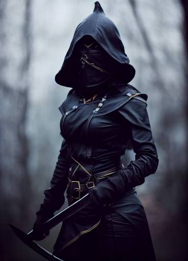 female assassin rogue character with hood and a small scar on her face, cosplay, leather armor, dark fantasy