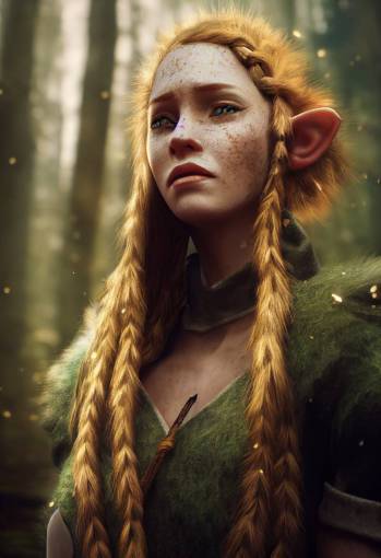 female elf, portrait, light skin with freckles, braided ginger hair, fur armour, hunting in a forest, cinematic lighting, photorealistic beautiful hair, 8k, unreal engine, octane render