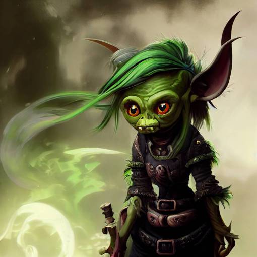 Female goblin artificer with green skin, short, fantasy, digital art, book cover border, cute, dark,