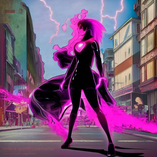 female teen superhero wearing black outfit fighting in the street using magenta lightning, anime, comic book