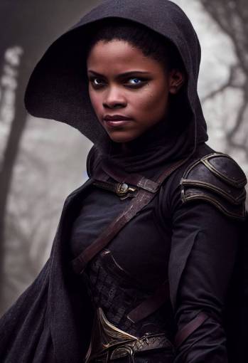 Feyre Archeron, Letitia wright, female assassin rogue character with cloak, art like mads schofield, braid hair, cosplay, leather armor, dark fantasy,