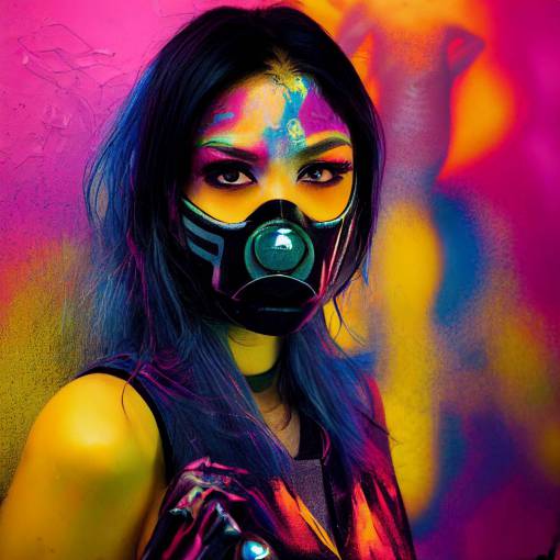 Fierce beautiful super heroine with beautiful eyes and a spray mask on, spraying graffiti, neon, psychedelic, beauty editorial style photograph, glossy, dramatic