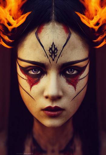 fit beautiful woman with dark hair, red eyes, dark eye shadow, war paint, warrior, full head portrait, symmetrical eyes, closeup, highly detailed, artstation, smooth, sharp focus, illustration, cinematic lighting, fire and ice in the background, epic, golden ratio, contrast photorealistic,hyper realistic,Octane render, Cinematic, Color Grading, Photography, Shot on 70mm, Ultra-Wide Angle, Depth of Field, DOF, Tilt Blur, Shutter Speed 1/1000, F/22, Gamma, White Balance, Neon, Light, Dark, Light Mode, Dark Mode, High Contrast, 5D, Multiverse, 32k, Super-Resolution, Megapixel, ProPhoto RGB, VR, sly, mysterious, Massive, Big, Spotlight, Frontlight, Halfrear Lighting, Backlight, Rim Lights, Rim Lighting, Artificial Lighting, Natural Lighting, Incandescent, Optical Fiber, Moody Lighting, Cinematic Lighting, Studio Lighting, Soft Lighting, Hard Lighting, volumetric Light, Volumetric Lighting, Volumetric, Contre-Jour, Rembrandt Lighting, Split Lighting, Beautiful Lighting, Accent Lighting, Global Illumination, Lumen Global Illumination, Screen Space Global Illumination, Ray Tracing Global Illumination, Optics, Materiality, Ambient Occlusion, Scattering, Glowing, Shadows, Rough, Shimmering, Ray Tracing Reflections, Lumen Reflections, Screen Space Reflections, Diffraction Grading, Chromatic Aberration, RGB Displacement, Scan Lines,Ray Traced, Ray Tracing Ambient Occlusion, Anti-Aliasing, FXAA, TXAA, RTX, SSAO, Shaders, OpenGL-Shaders, GLSL-Shaders, Post Processing, Post-Production, Cel Shading, Tone Mapping, VFX, SFX, insanely detailed and intricate, elegant, ornate, hyper realistic, super detailed