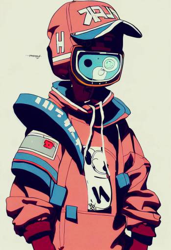 flcl fighter wearing streetwear with vintage robot mask and fisher cap, dynamic pose,jamie hewlett style, anime style,pastel colors,Sketch,