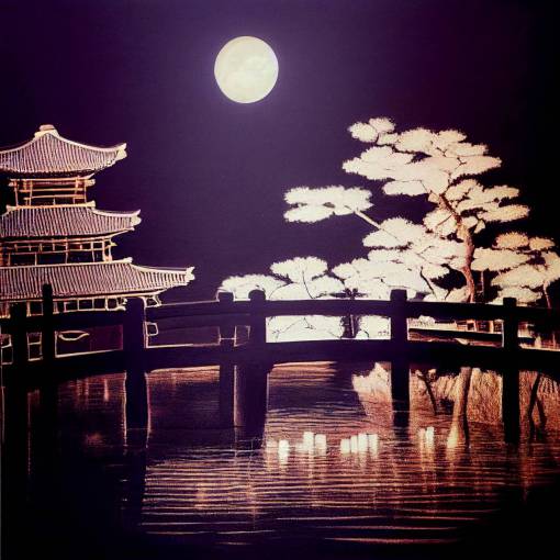 floating garden, bridges, Japanese aesthetic, realistic, lanterns, moonlight