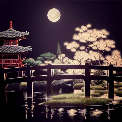 floating garden, bridges, Japanese aesthetic, realistic, lanterns, moonlight