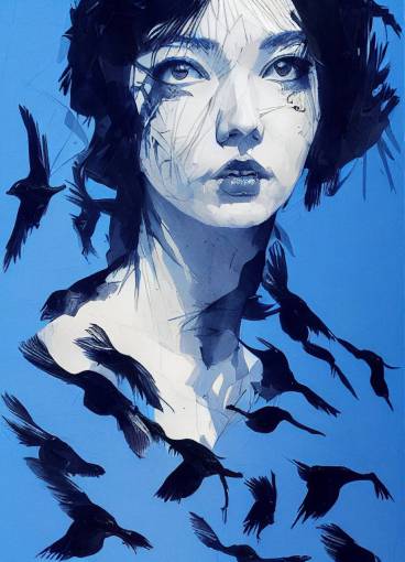 flock of crows, ink drawing, female portrait, in the style of yoji shinkawa, bold brushstrokes, blue paper