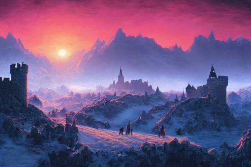 frozen Valley landscape. Sun rising from behind the mountains. The mountains shadows cast over castle ruins. The castle ruins glow eerily. A party of 4 adventurers and their pack mule approach the castle.