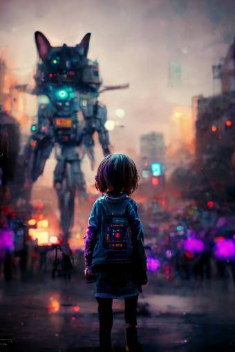 Full body portrait of a small child and a cat, cyberpunk, with giant Gundam in blurred city scene in background, art station, 8k, octane rendering, unreal engine, very detailed, concept art, realistic, masterpiece, sharp, three points law