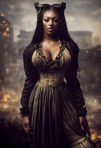 full body portrait, photorealistic, Megan Thee Stallion, centered, dressed ornate detail in old Victorian dress, holding an AK-47, background city in chaos and ruin, moody atmospheric, cinematic, photorealistic, hyperrealistic, octane render, Unreal Engine, 3d, hyperrealistic, ultra realistic, natural lighting, ultra detailed, highly detailed, very detailed, high resolution, 8k