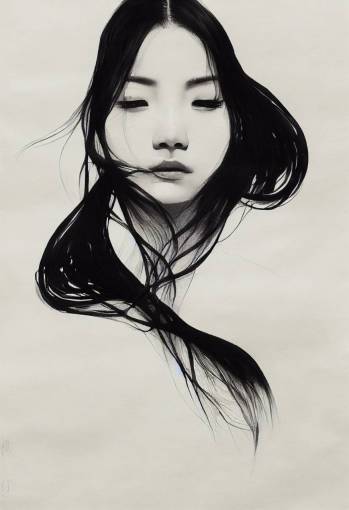 full body Taiwanese woman, perfect body and face, melancholy, ink, monochrome, flowing, sage, painting on parchment paper