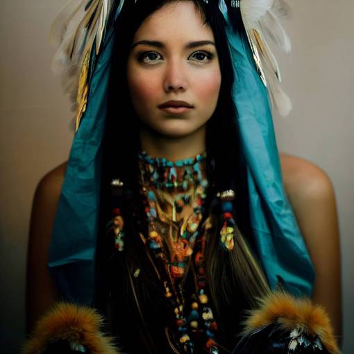full length portrait of a beautiful girl,thoughtful face, feathered headdress, boho style, realistic, hd, cinematic, shot on 75mm f2.8 at a distance of 20 metres from subject, koran bak style