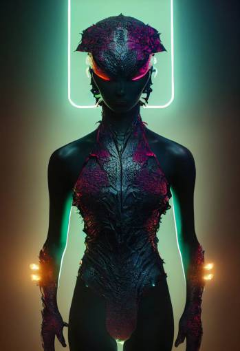 full silhouette of a beautiful alien biotech sorceress, armor made out of chameleon skin, vibrant colours, beautiful symmetrical face, realistic eyes, intricate details, cinematic lighting, photo realistic, hyper detailed, volumetric lighting, hdr, unreal engine, octane render, 4k, 8k,