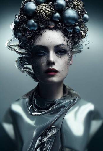 futuristic haute couture, photo realistic portrait of a female model, face only, baroque hairstyle, fluid liquid ornaments, tight fabrics, glossy materials, shards of black glass, red diamonds, ultra detailed, cinematic scene, rim light, washed out pastel colors, Ambient Occlusion, desaturated colors, foggy background with neon particles, high contrast,