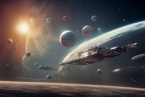futuristic solar system, spaceships, ultra realistic, hyper detailed, photography, unreal engine, HD,