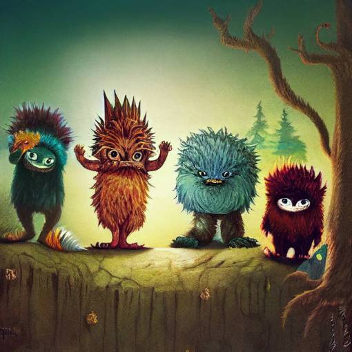 fuzzy monsters playing cheerfully, where the wild things are, childrens book, whimsical