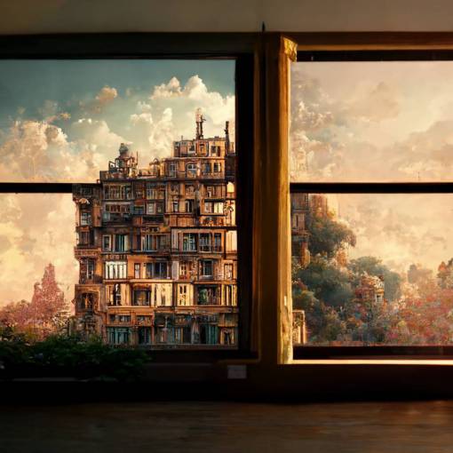 Genre painting, a rear window view, closeup a panoramic view of a old-fashioned amazing apartment building, animation style, by albert ruger ,ultra details, micro detail, subsurface scattering, translucent, octane renderer, colorful, kaoru mori style, unreal engine, ar--3:4