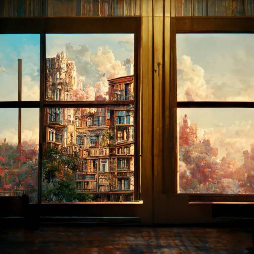 Genre painting, a rear window view, closeup a panoramic view of a old-fashioned amazing apartment building, animation style, by albert ruger ,ultra details, micro detail, subsurface scattering, translucent, octane renderer, colorful, kaoru mori style, unreal engine, ar--3:4