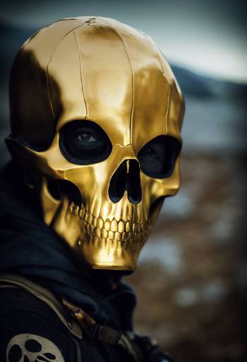 ghost call of duty cosplay, iceland background, centered image, front view, very detailed, golden skull mask, symmetrical face + zoomed out + portrait + full body photo + f 5.6 + 85mm + extremely detailed + ultra-realistic, soft shadows + photorealistic skin, + 4k + uhd + 3d + octane render + cinematic