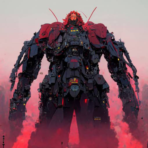 Giant Anime Mecha Robot, Giant Gundam, Long Red Flowing mane of mechanical hair, cyclops eye, red eye, glowing eye, black armor, highly detailed, 8k, From Gundam, It's a GUNDAM!