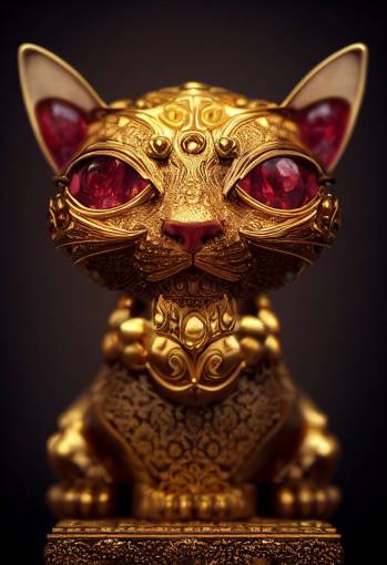 gold cat statue with rubies for eyes guarding a treasure room, intricate details, realistic, octane, unreal engine, full body, natural lighting, Photorealism, High detail,