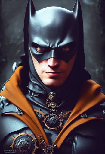 Gothic Steampunk Batman portrait, by Alex Ross, Hyperrealism, symmetrical, vibrant colors, cinematic lighting, ACES tone mapping, Marmoset Toolbag 4, Unreal Engine 5, RTX, Ray Tracing