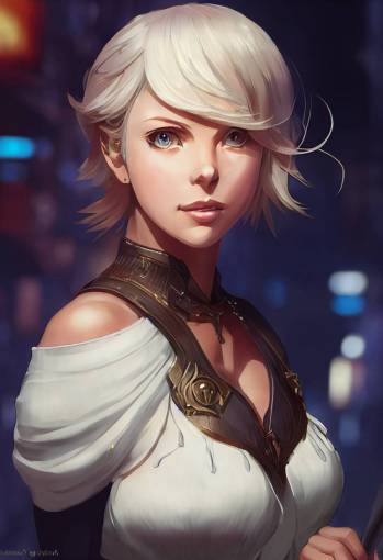 Granblue Fantasy, Pretty and cute anime Charlize Theron with white hair, in hong Kong's old streets, background art by by STUDIO4? and Kon Satoshi, trending on artstation