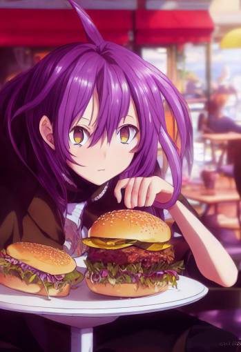 granblue, purple haired anime girl eating burger, in a cafe, background by velvet evergarden
