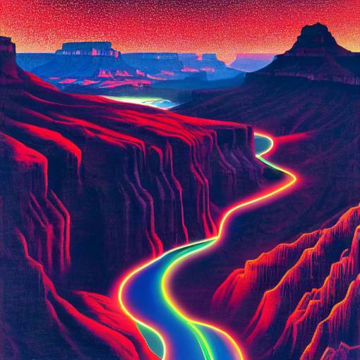 grand canyon at night, neon sound waves echoing through the canyon, photorealistic, hyper detailed